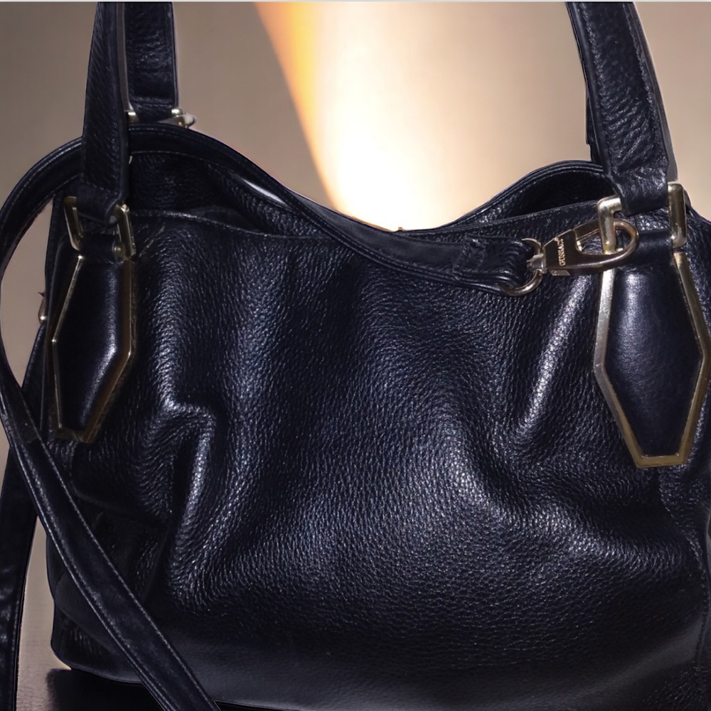 Calvin Klein Pebbled Soft Black Leather Double Strap Shoulder Bag Ha…